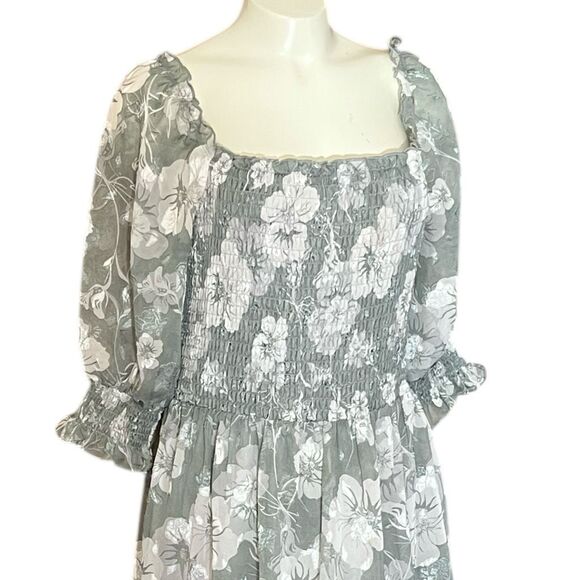 Baltic Born Fabian Jacquard Neutral Floral Smoked Bodice Puff  Sleeve Midi Dress - Picture 4 of 9